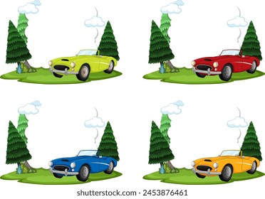 Four classic cars parked under green trees.