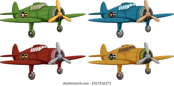 Four classic military aircraft in different colors isolated on a white background