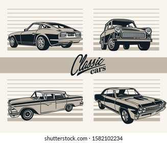 four Classic muscle cars vector 