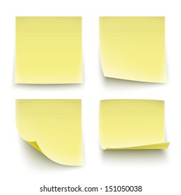 Four classic yellow paper stickers, twisted on different degree. Vector illustration. EPS10.