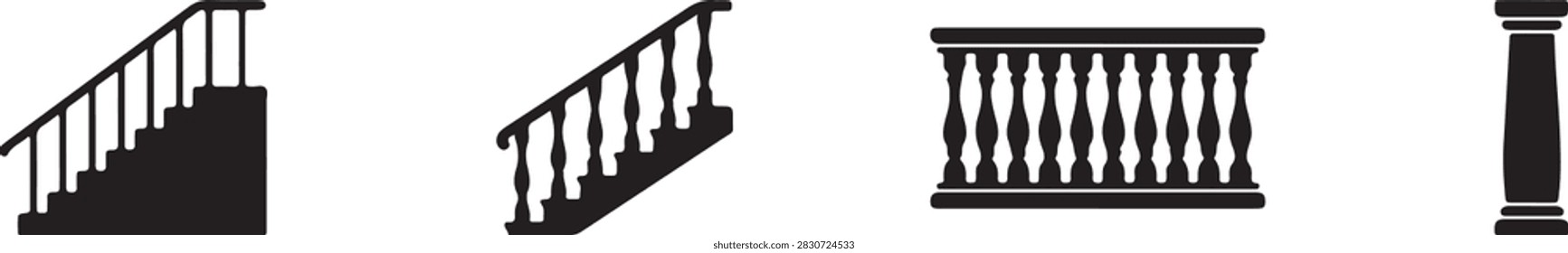 Four classical architectural stair and railing styles vector icons