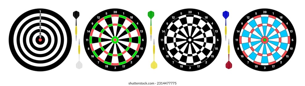 Four classical Dartboards for playing darts. Six darts for game. Flat style. isolated vector