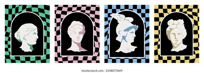 Four classical greek bust portraits in pop art style. Distorted checkerboard backgrounds with ancient sculptures, 2000s aesthetics posters, y2k backdrops. Vector