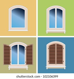 Four classical types of arched windows with brick over stucco background