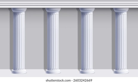 Four classical white columns with fluted design and ornate capitals standing in a row against a neutral background. Symbol of architecture, strength, and stability. Vector illustration