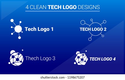 Four clean and modern vector tech logo designs. Minimalistic and simple identity  logo designs with technology, communication, networking, team work, data, business and corporate related symbols.