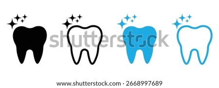Four clean, sparkling tooth icons in black, outline, blue, and gradient colors, isolated on a white background.