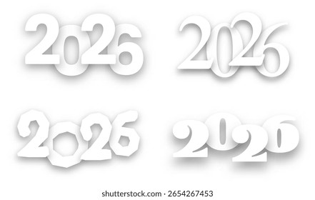 Quatro projetos de texto branco limpo 2026 em diferentes fontes com sombras sutis em um fundo branco.
