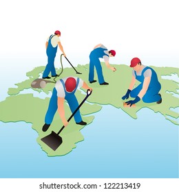 Four cleaners working on the world`s map