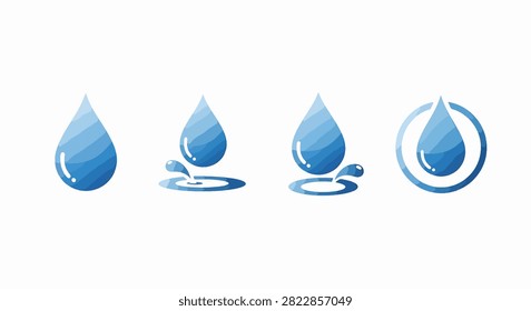 Four clear glass containers holding blue water droplets isolated on white background