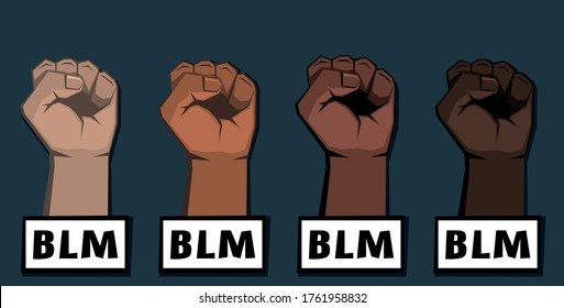 Four Clenched Fists With BLM Sign Under Each. Skin Of Various Colors. Dark Background. Vector Illustration.