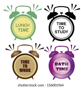 four clocks with different colors indicating the time to eat, study, work and take a bath