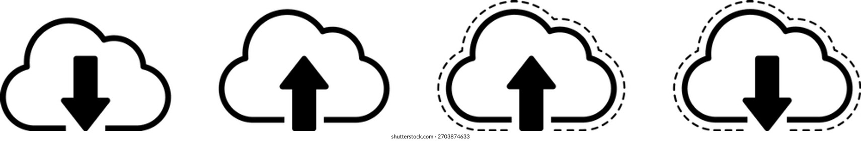 Vier Cloud-Symbole mit Pfeilen zeigen Datenhoch- und -downloadvorgänge an, wobei gepunktete Umrisse Netzwerkaktivitäten nahe legen.