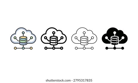 Four cloud icons with database server and network connection lines