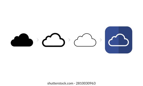 Four cloud icons gradually transform into a blue square cloud app icon