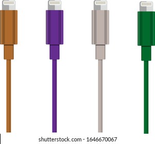 Cuatro cables de color claro que iluminan el fondo blanco (naranja, púrpura, plata, verde)