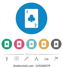 four of clubs card flat white icons on round color backgrounds. 6 bonus icons included.