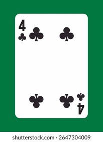 Four of clubs playing card with a clean, minimalist style on a green background, representing classic card games and traditional casino entertainment. Vector illustration