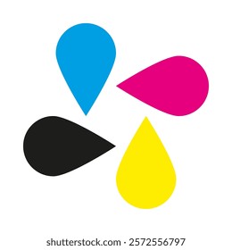 Four CMYK colour ink droplet icons. A quartet of colourful symbols. Isolated on a white background.