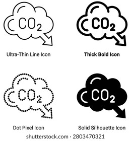 Four CO2 cloud icons in different styles with arrows pointing down