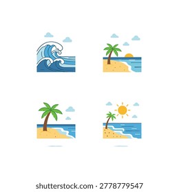 Four coastal scenes show a curling ocean wave, sandy islands with palm trees, calm blue water, clouds, and a bright sun near the horizon.