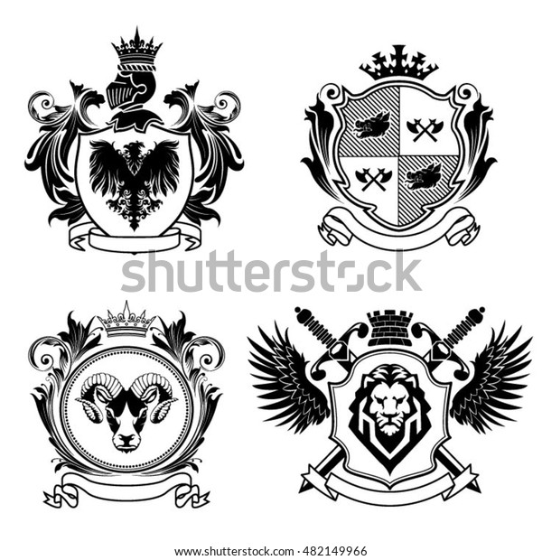 Four coat of arms.Collection of four coat of arms.\
The first top left is a shield with an eagle on it and above his\
knights helmet with crown and a wreath of leaves for decoration of\
both side.