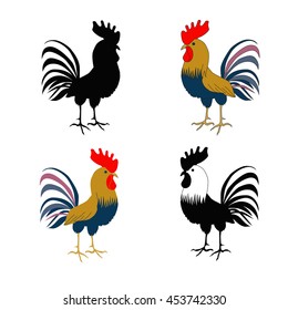 Four cockerels - a silhouette of a rooster, a cock in flat style, hand drawn on a white background. Rooster symbol of Chinese New Year. Vector illustration. In full growth.