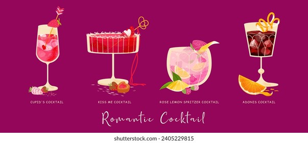 Four Cocktail vector set for Valentine's Day, Mother's Day, Women's Day. Romantic Alcohol Drinks with citrus, raspberries, strawberry, vodka, champagne, sherry, whiskey. Everything you need for party