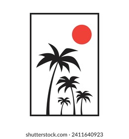 four coconut trees and the sun in one rectangular frame