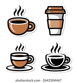 Four coffee cups and a takeaway cup isolated on white background
