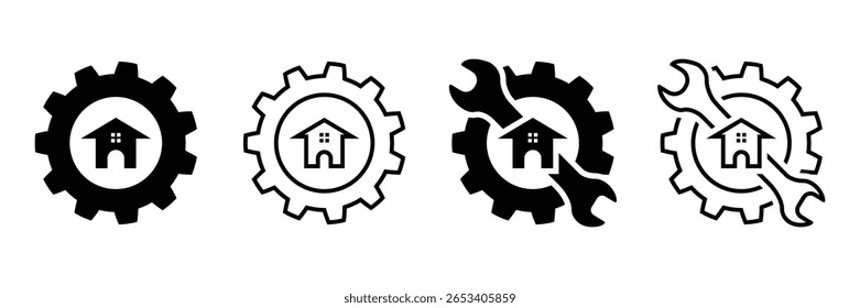 Four Cogwheel, settings, Home Repair Service Gear, Wrench, icon Set: Black and Outline: Vector Illustration