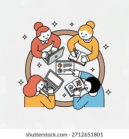 Cuatro colegas que colaboran alrededor de la mesa redonda con computadoras portátiles, notas, gráficos y sonrisas amistosas ahora