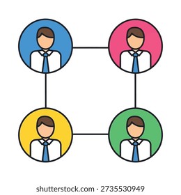 Four colleagues connected in business network teamwork concept with four cartoon men in different colored circles
