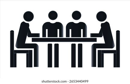 Cuatro colegas sentados en una mesa de oficina larga, trabajo en equipo y concepto de colaboración corporativa con un estilo mínimo