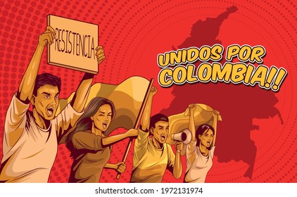 four colombians protesters with flags and banner