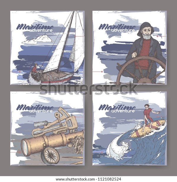 Four\
color banners with old captain, navigational instruments, sailboat\
and surfer sketch. Maritime adveture series. Great for travel ads\
and brochures, sailing and tourist\
illustrations.