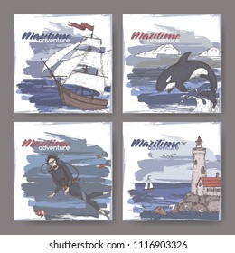 Four color banners with tall ship, lighthouse, scuba diver and jumping whale sketch. Maritime adveture series. Great for travel ads and brochures, sailing and tourist illustrations.