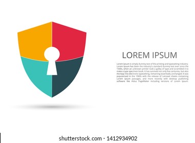 Four color cyber security concept image. Illustrates the idea of cybersecurity or confidentiality of information in the form of lines and shapes, pieces of glass, a keyhole. Antivirus, company logo.