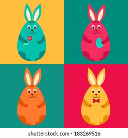 Four color easter rabbits. Vector cartoon illustration.