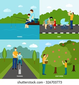 Four color  fatherhood flat posters set with father and his children vector illustration