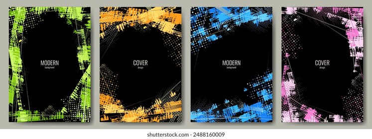 Four color frames for photos or text. Decorative brush strokes, halftone elements. Image in grunge style. Vector illustration.