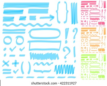 Four color highlighter marker's set. Hand drawing elements for select and edit text. 