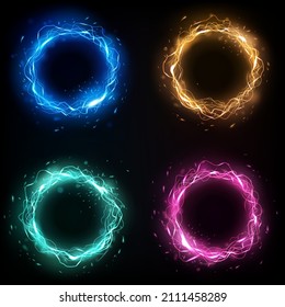 Four Color Lightning Rings with sparks effect, 4 isolated sets. Vector Illustration