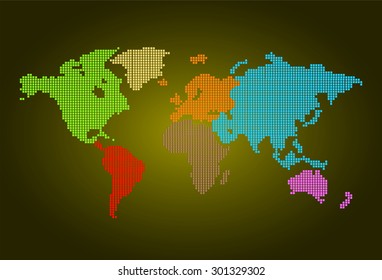 four color map of the world pixel background. vector illustration. dot. table. square. Mosaic. infographics. background for computer graphic website internet and technology. dark yellow background.