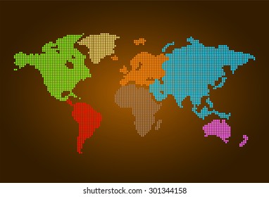 four color map of the world pixel background. vector illustration. dot. table. square. Mosaic. infographics. background for computer graphic website internet and technology. dark brown background.