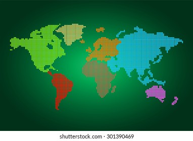four color map of the world pixel background. vector illustration. dot. table. square. Mosaic. infographics. background for computer graphic website internet and technology. dark green background.