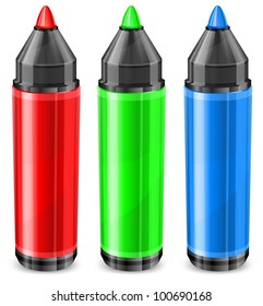 Four color markers, felt tip pen in RGB on white, vector illustration