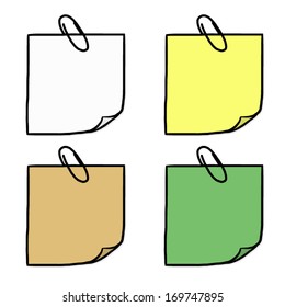 four color of note papers with clip / cartoon vector and illustration, isolated on white background.