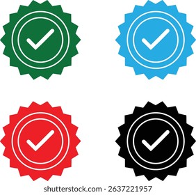Four color options check mark badge icon set.