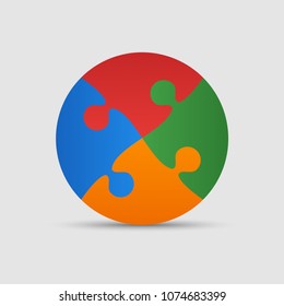 Four Color Piece Puzzle Circle Infographic Presentation. 4 Step Circle Business Diagram. Four Section Compare Service Banner. Vector Illustration Template Shape. Abstract Background. Puzzles Icon.